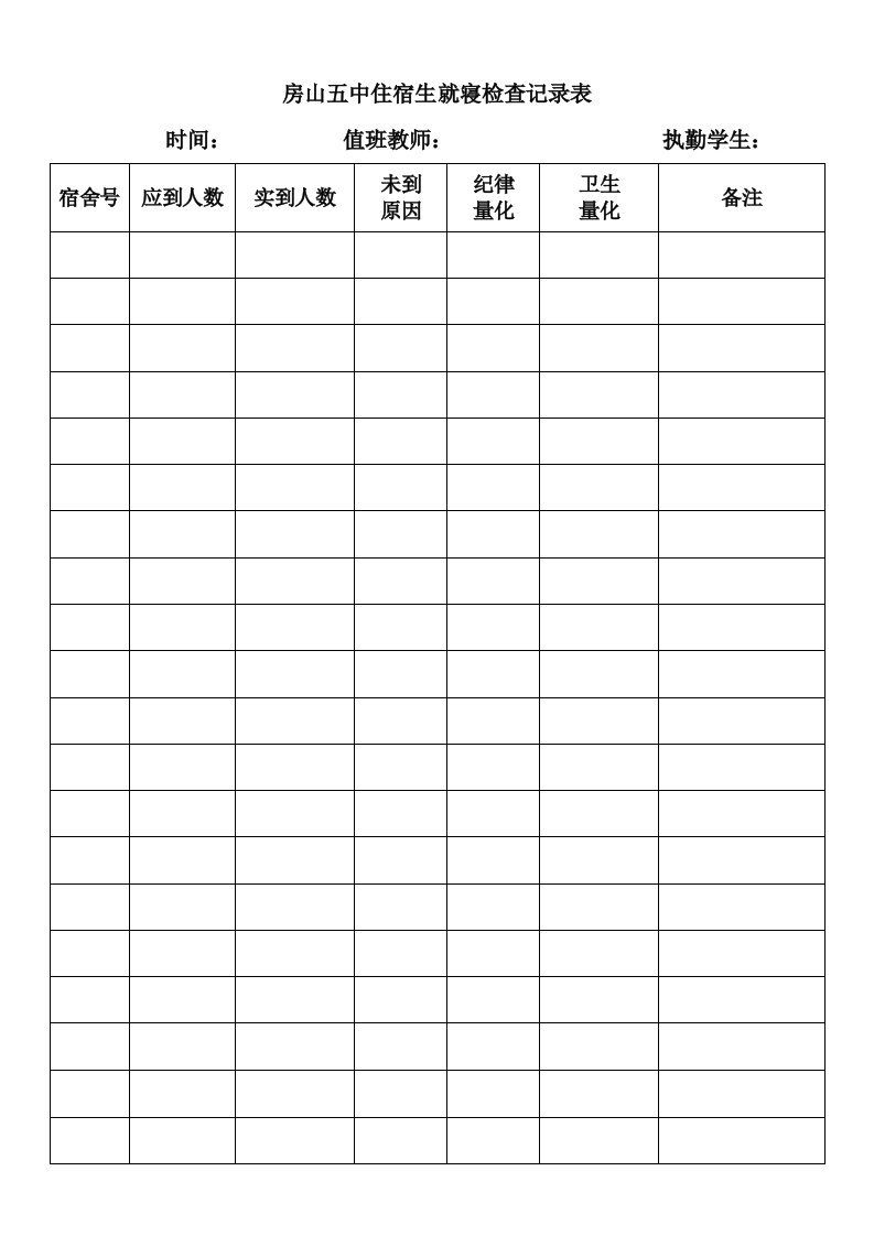 房山五中住宿生就寝检查记录表