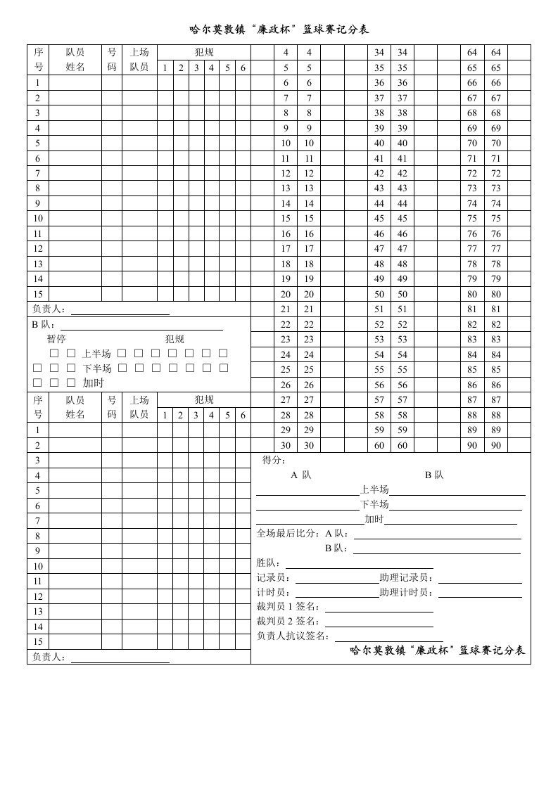 篮球赛计分表模板