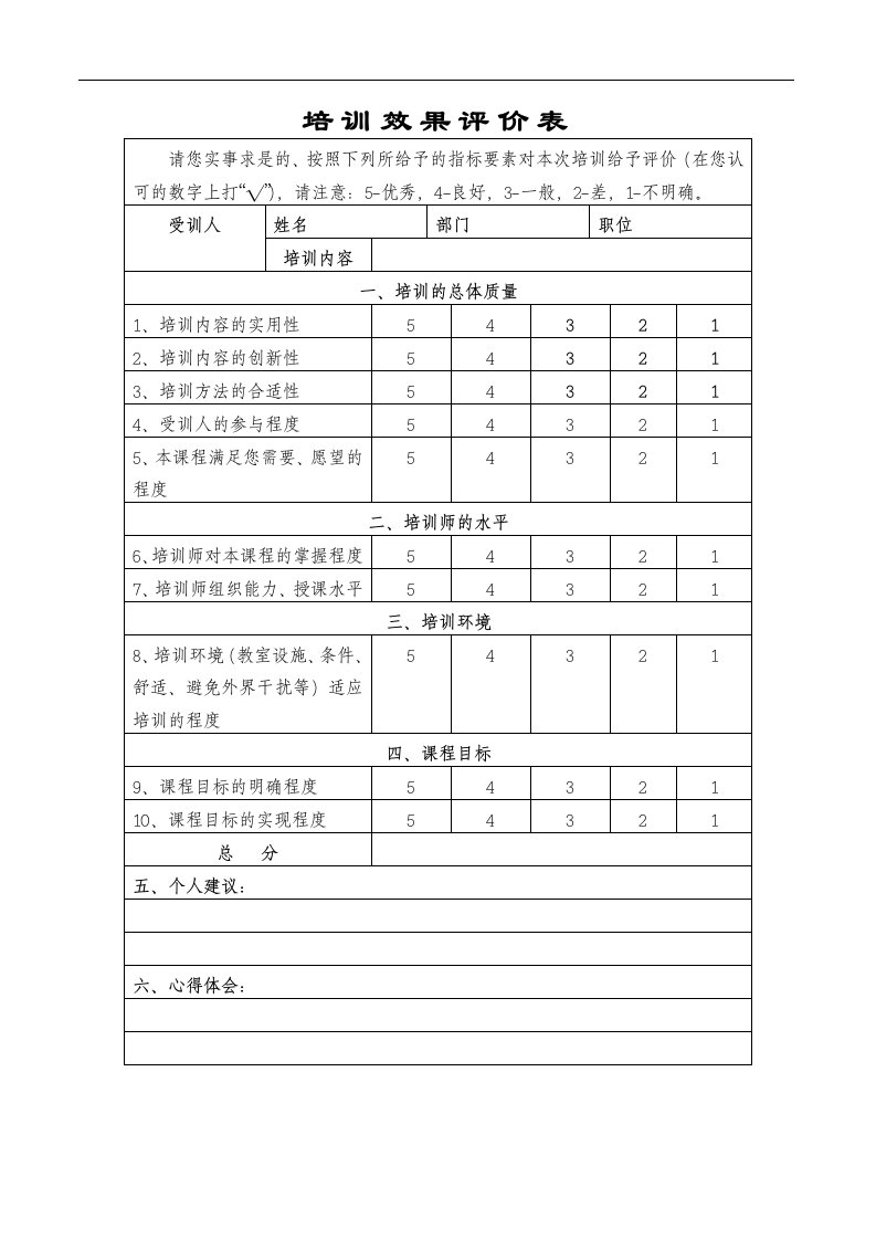 首信公司培训效果评价表