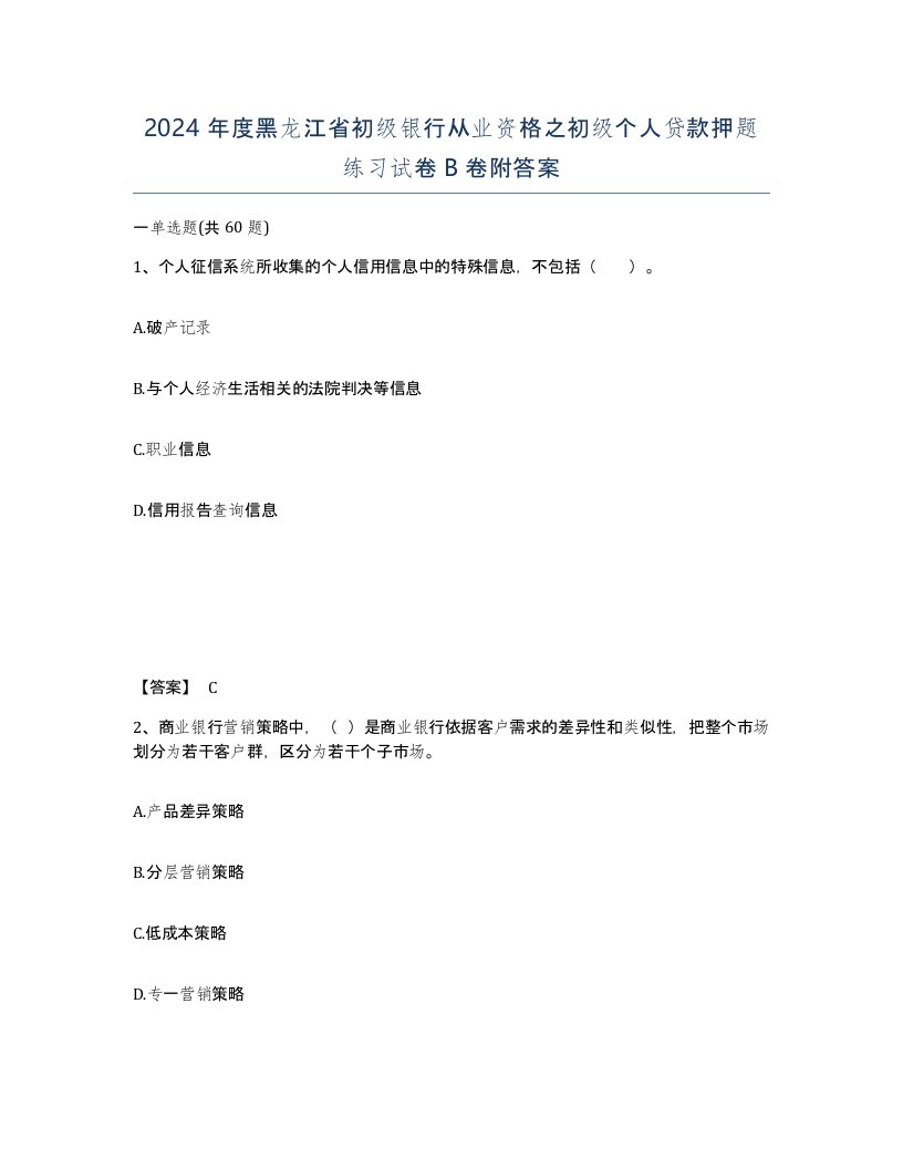 2024年度黑龙江省初级银行从业资格之初级个人贷款押题练习试卷B卷附答案