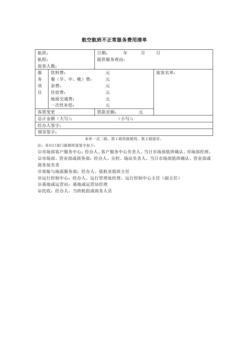 推荐-航空物流公司航班不正常服务费用反馈单