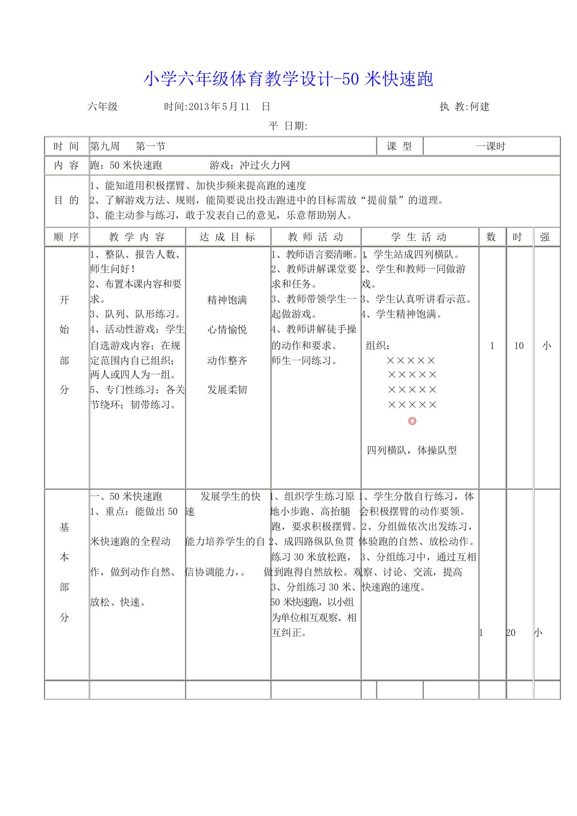 小学六年级体育教学设计-50米快速跑