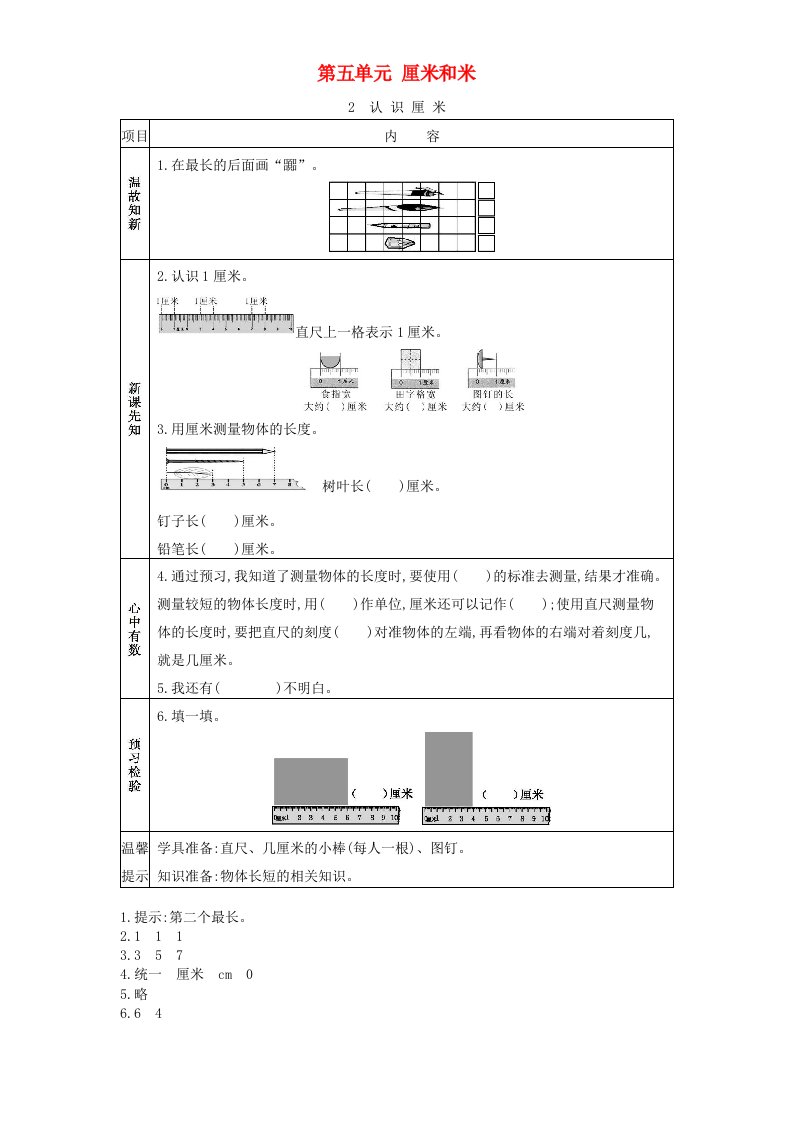 2020秋二年级数学上册第五单元厘米和米2认识厘米学案苏教版2021060318