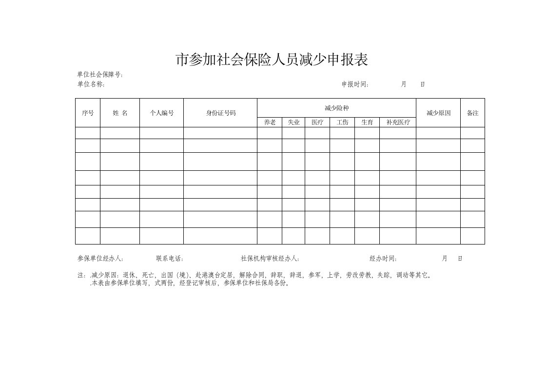 参加社会保险人员减少申报表