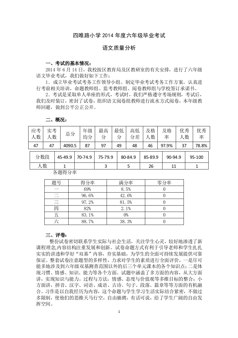 13-14六年级毕业语文考试质量分析