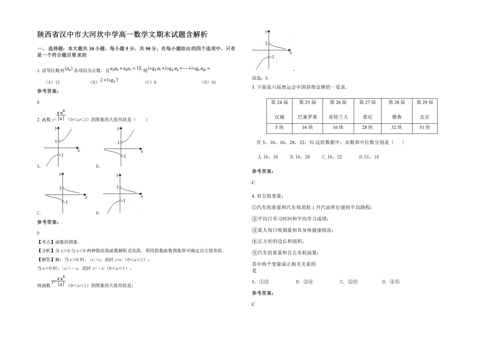 陕西省汉中市大河坎中学高一数学文期末试题含解析