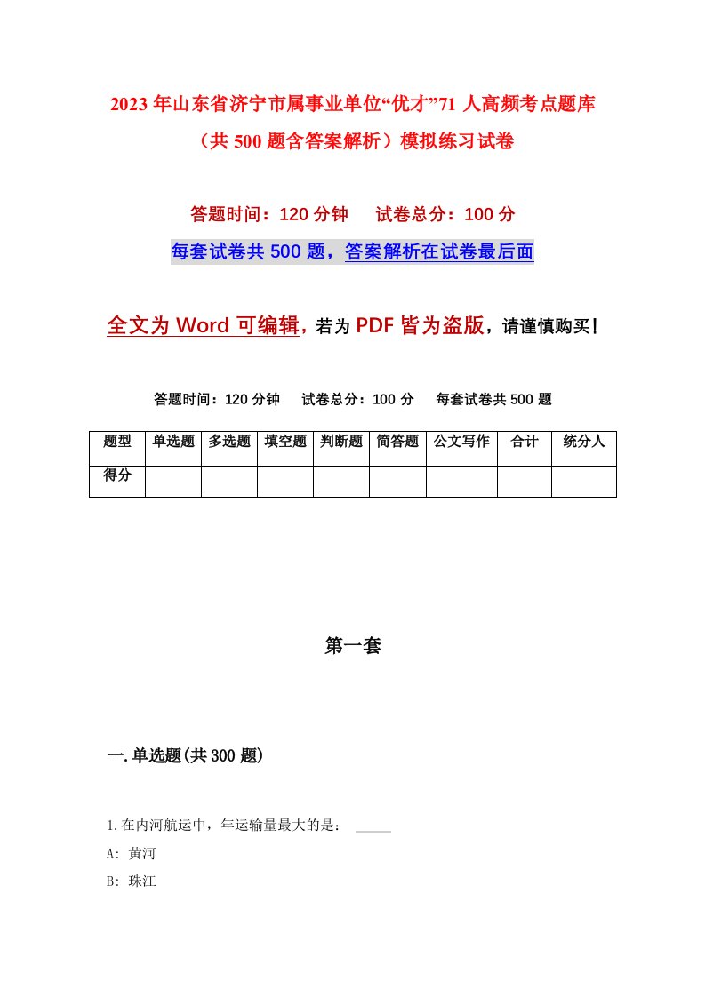 2023年山东省济宁市属事业单位优才71人高频考点题库共500题含答案解析模拟练习试卷