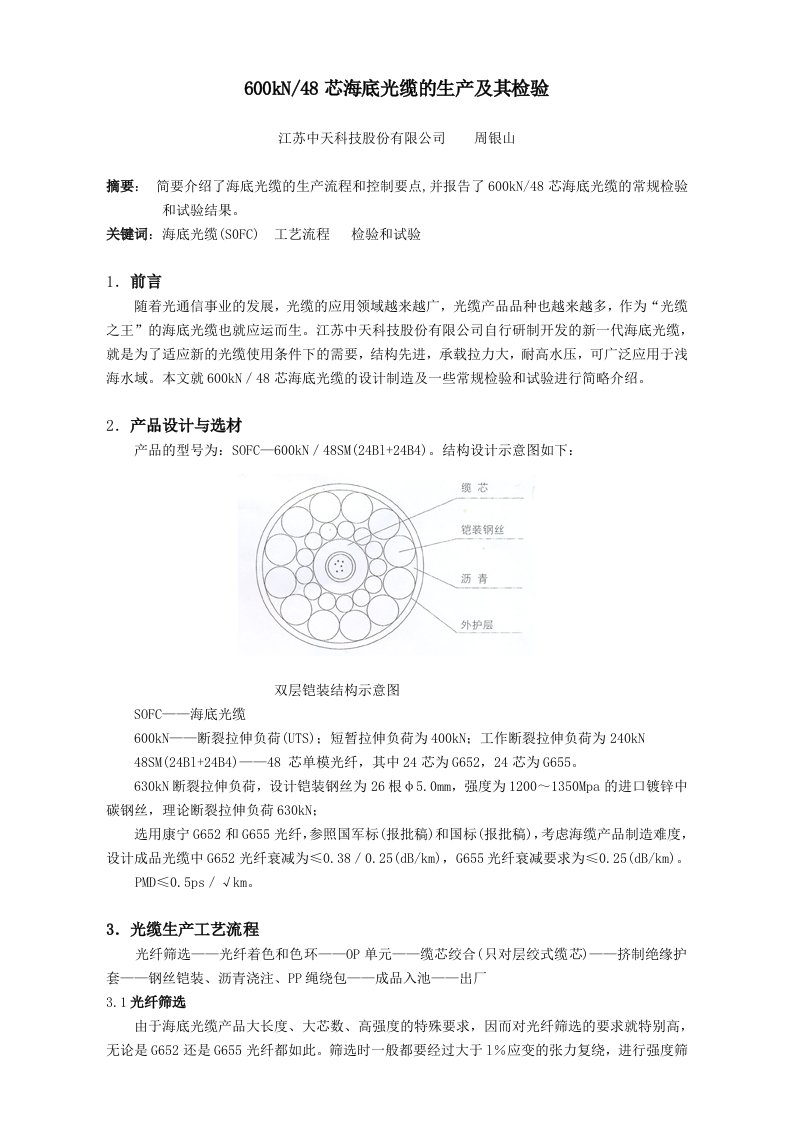 600kN48芯海底光缆的生产及其检验