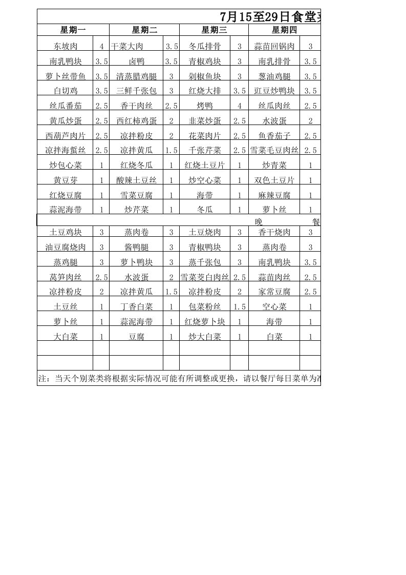 食堂7.15-7.29日周菜单表