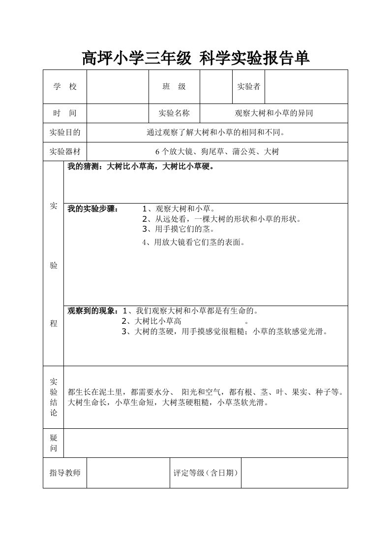 教科版三年级上册科学实验报告单