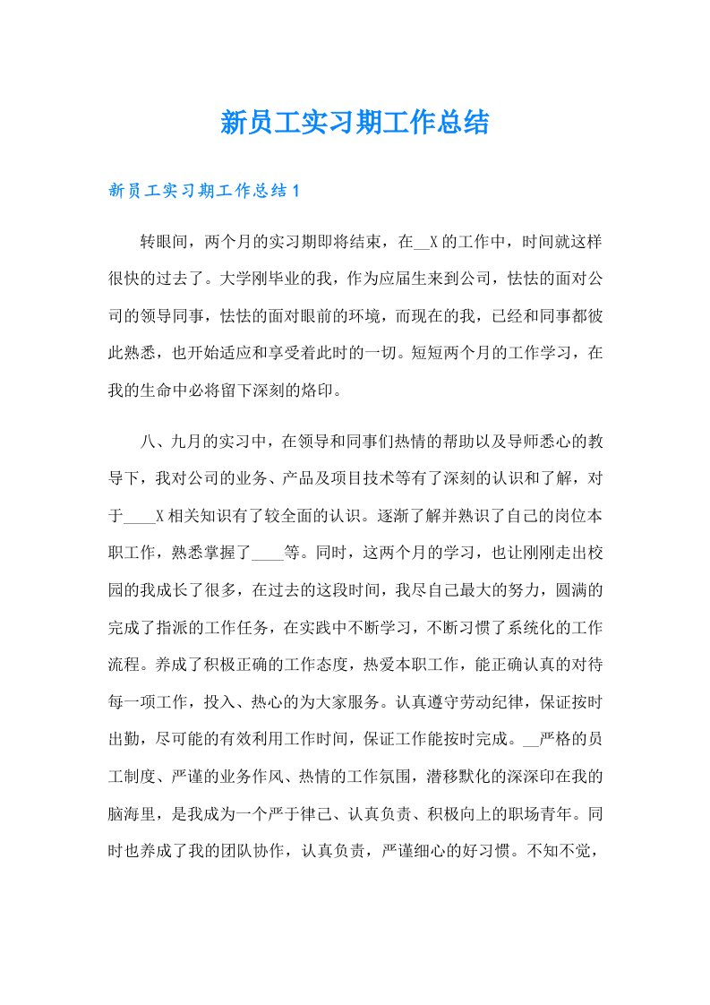 新员工实习期工作总结