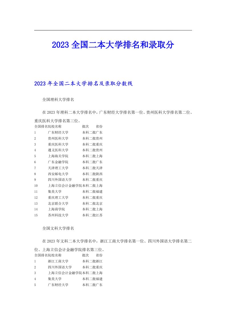 2023全国二本大学排名和录取分