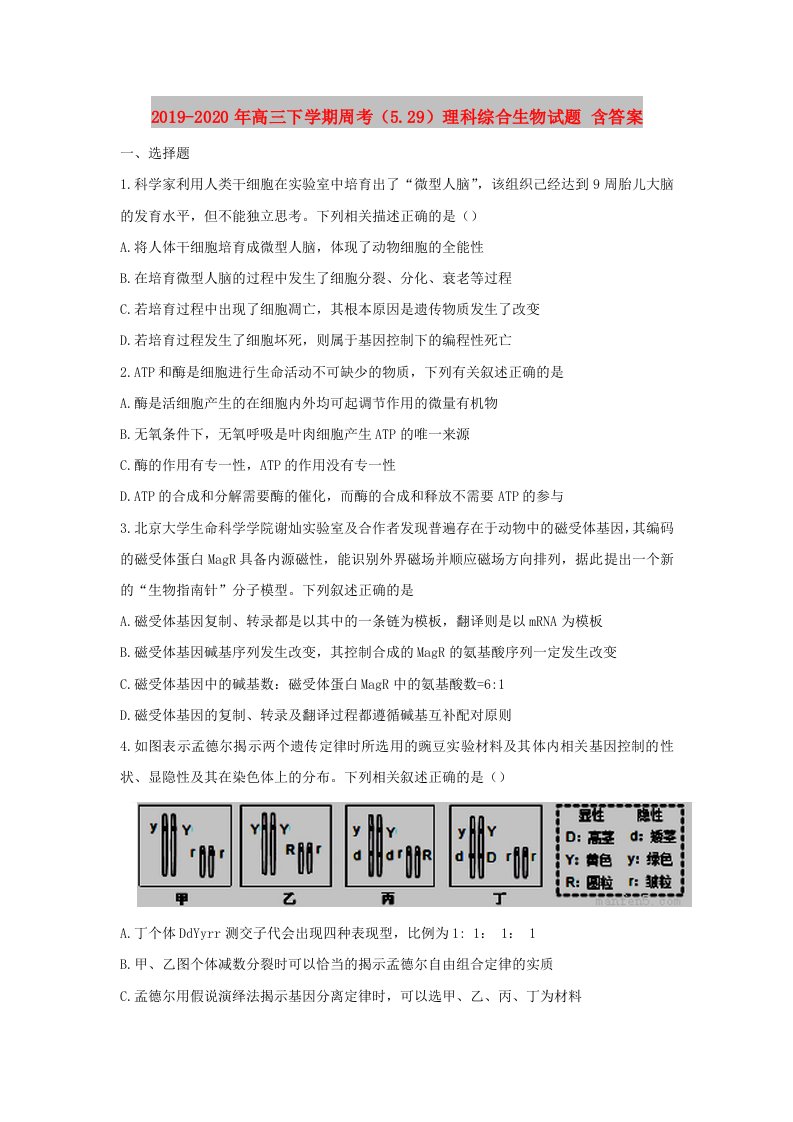 2019-2020年高三下学期周考（5.29）理科综合生物试题