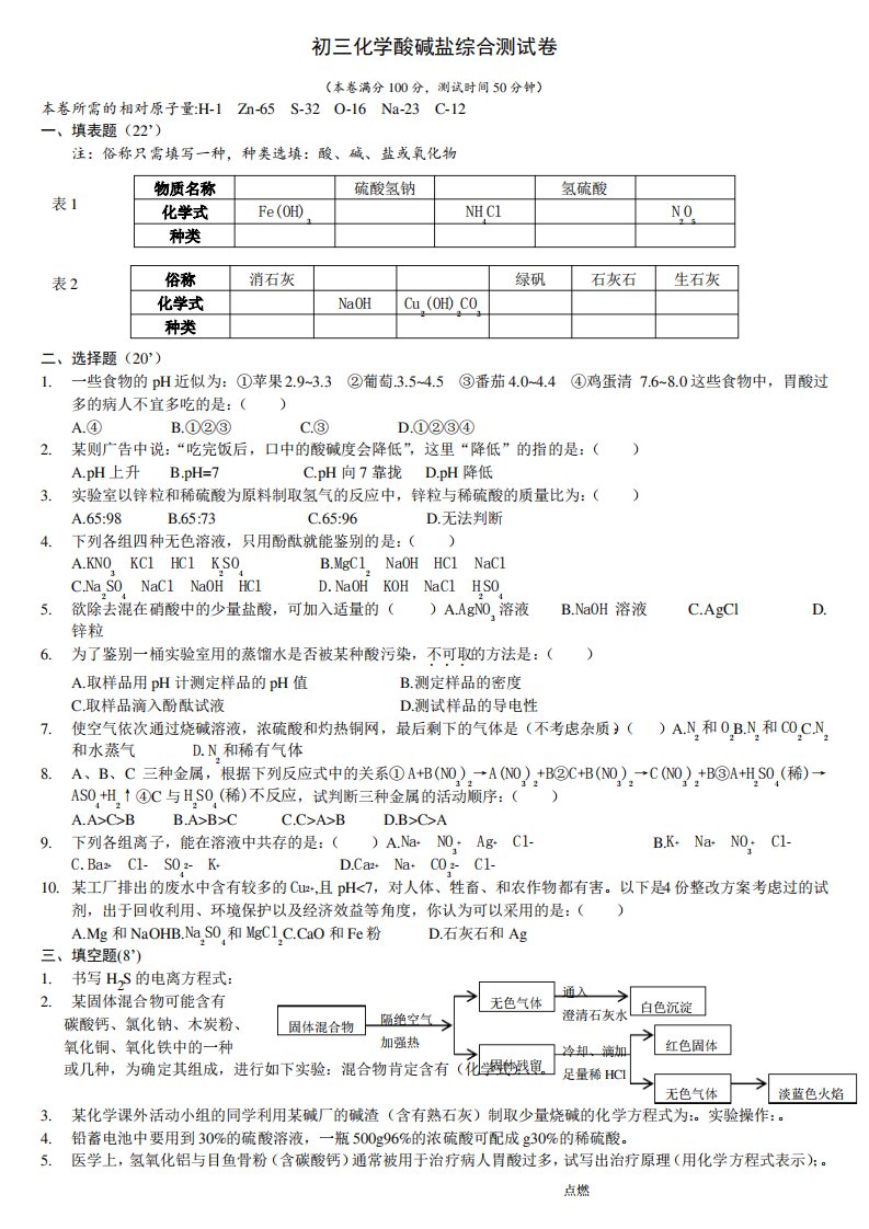 初三化学酸碱盐综合测试卷及答案