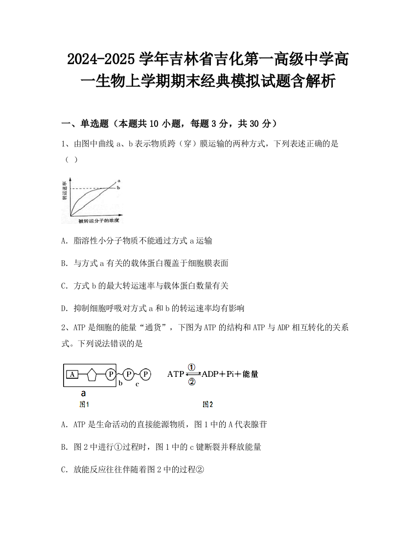 2024-2025学年吉林省吉化第一高级中学高一生物上学期期末经典模拟试题含解析