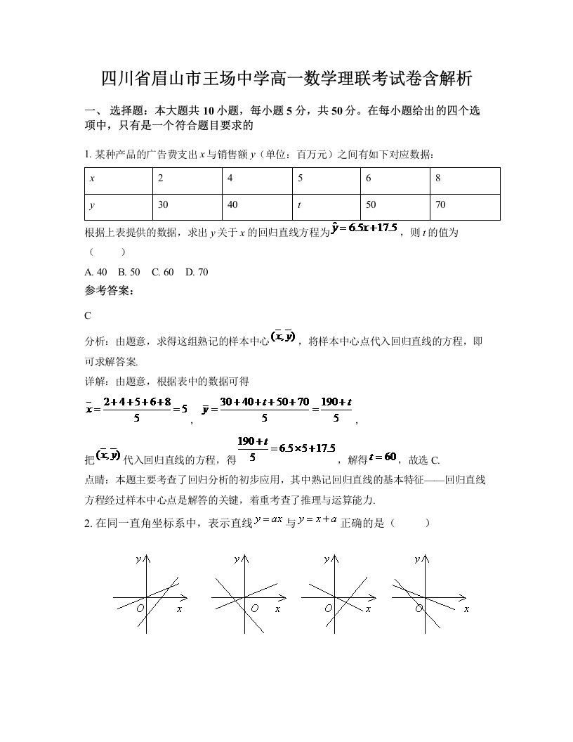 四川省眉山市王场中学高一数学理联考试卷含解析