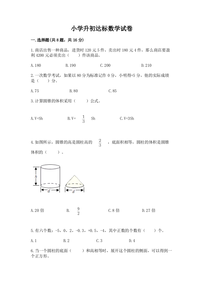 小学升初达标数学试卷及参考答案1套