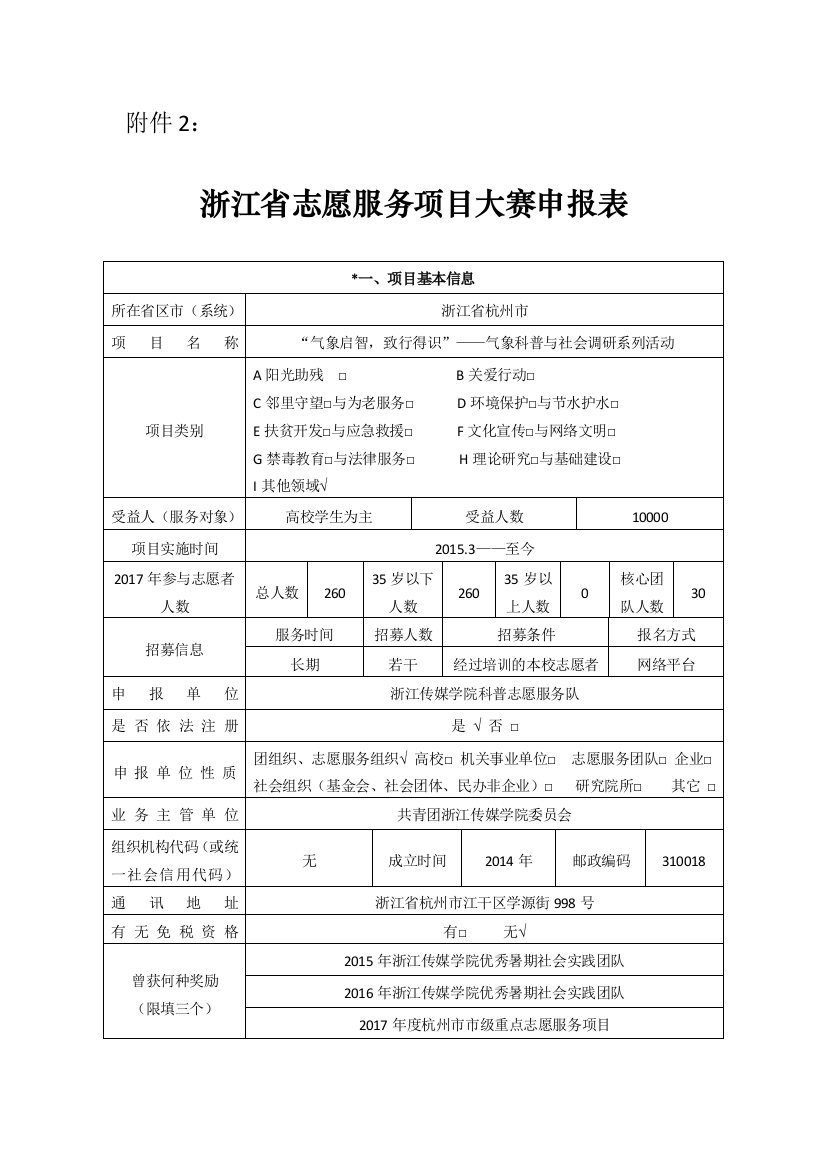 [模板]浙江省志愿服务项目大赛申报表