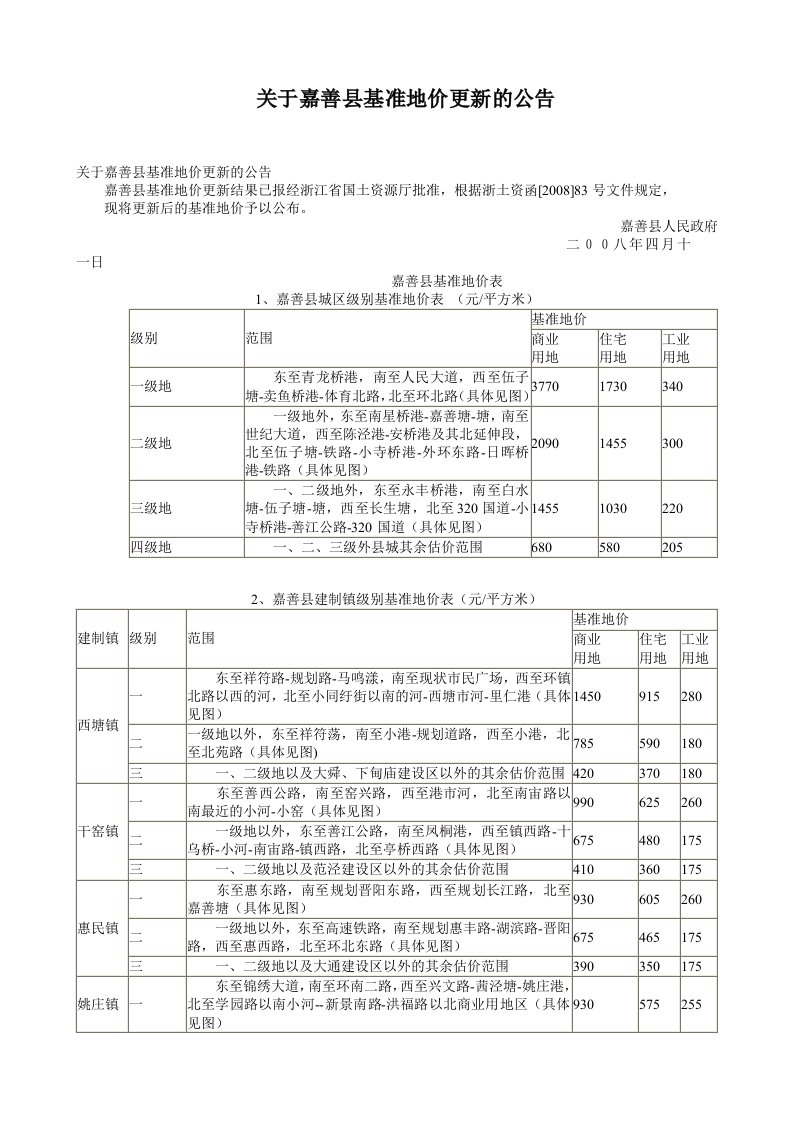 关于嘉善县基准地价更新的公告