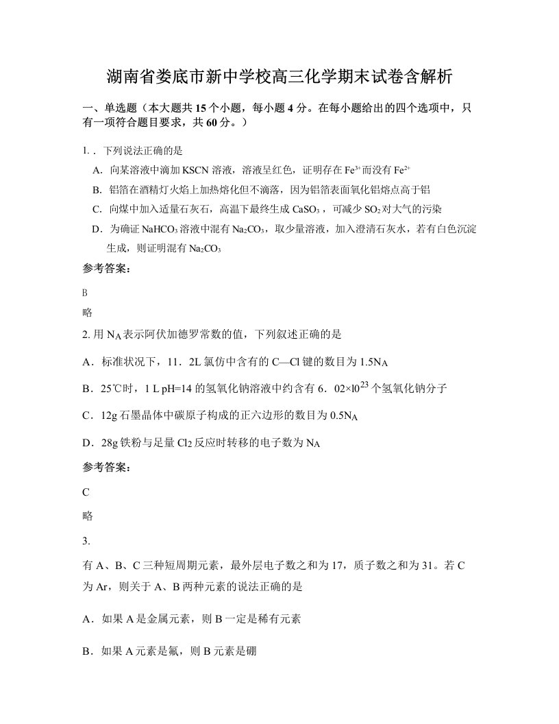 湖南省娄底市新中学校高三化学期末试卷含解析