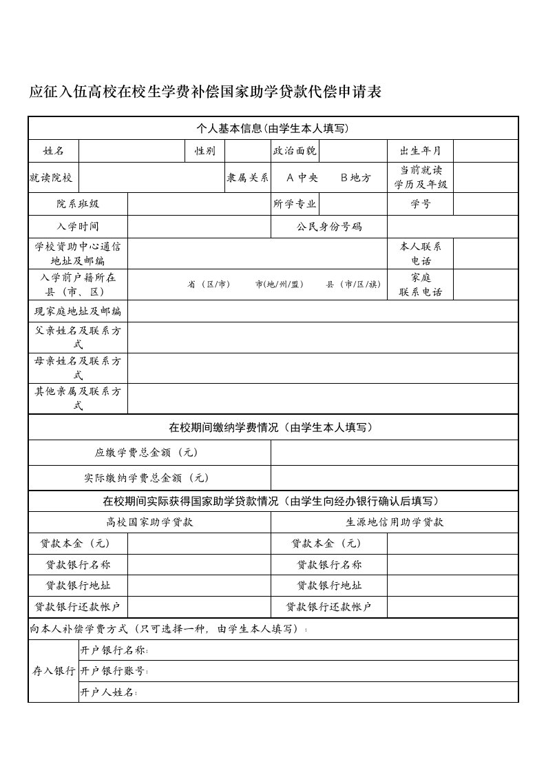 应征入伍高校在校生学费补偿国家助学贷款代偿申请表