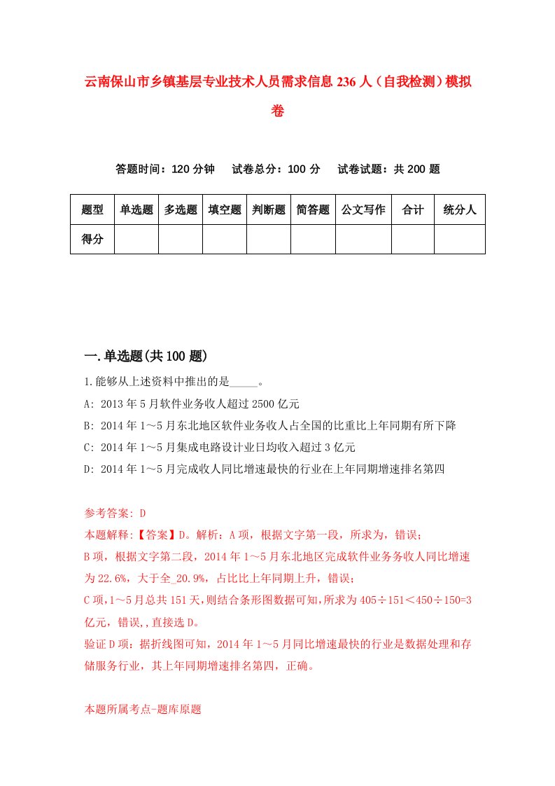 云南保山市乡镇基层专业技术人员需求信息236人自我检测模拟卷第7次