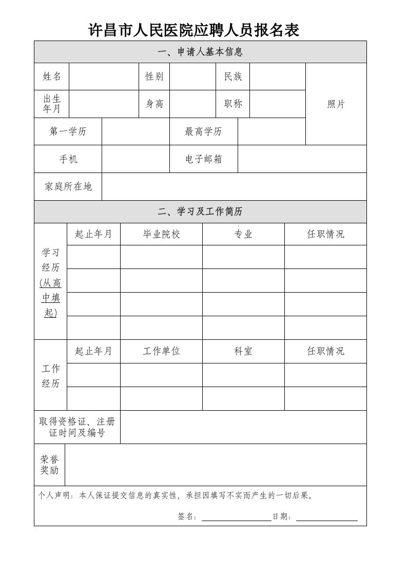 许昌市人民医院应聘人员报名表