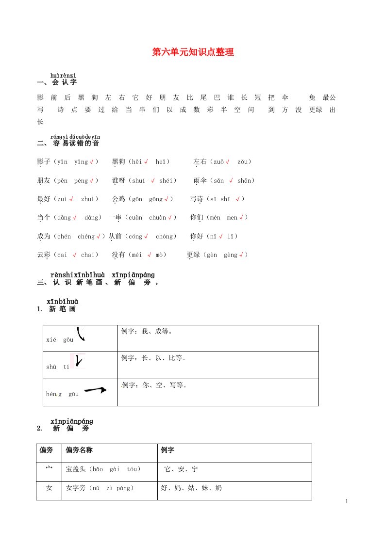 2022一年级语文上册第六单元知识整理新人教版