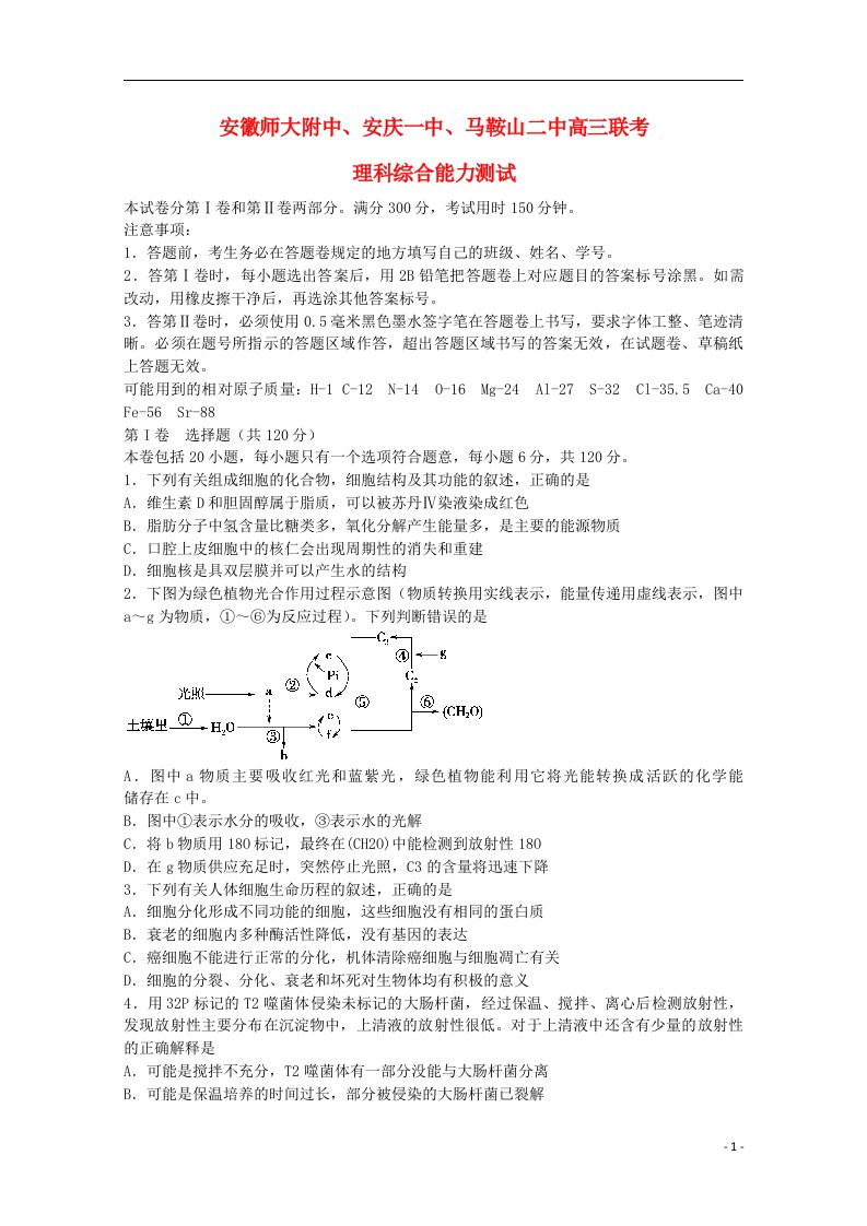 安徽省安庆一中、安师大附中、马鞍山二中高三理综上学期12月联考试题