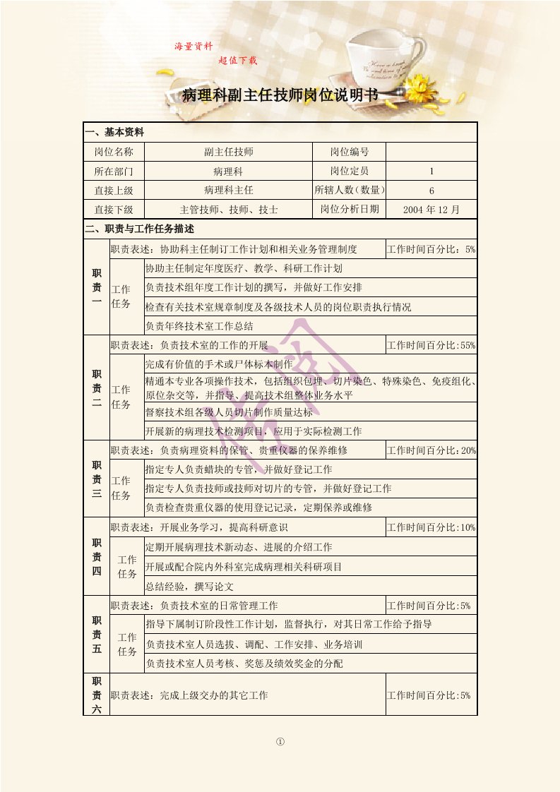 病理科副主任技师岗位说明书