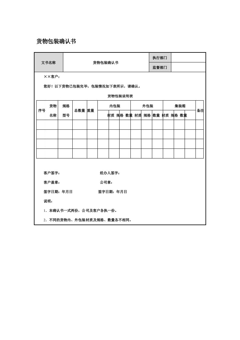 货物包装确认书