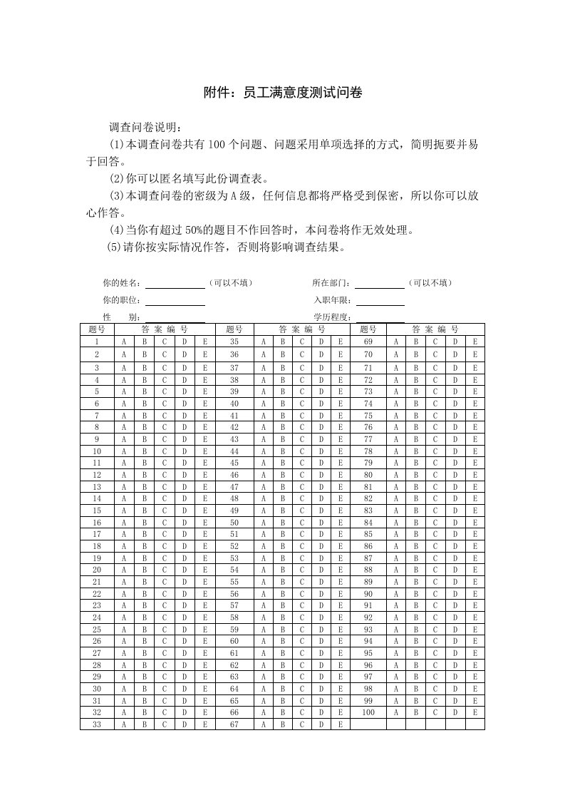 人力资源资料-员工满意度调查问卷