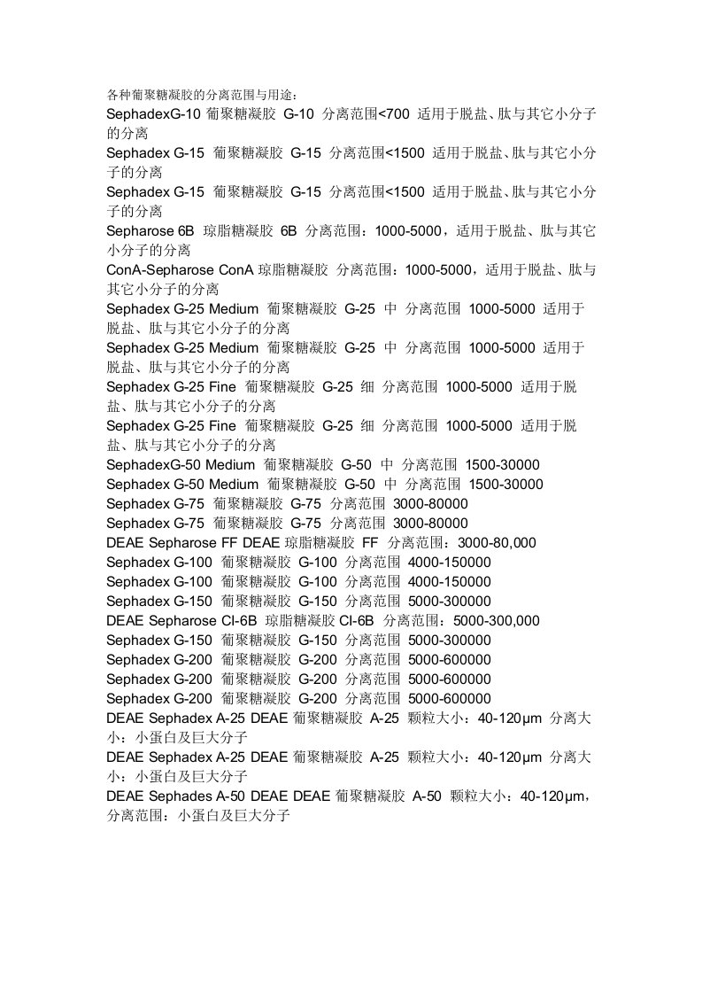 各种葡聚糖凝胶的分离范围与用途