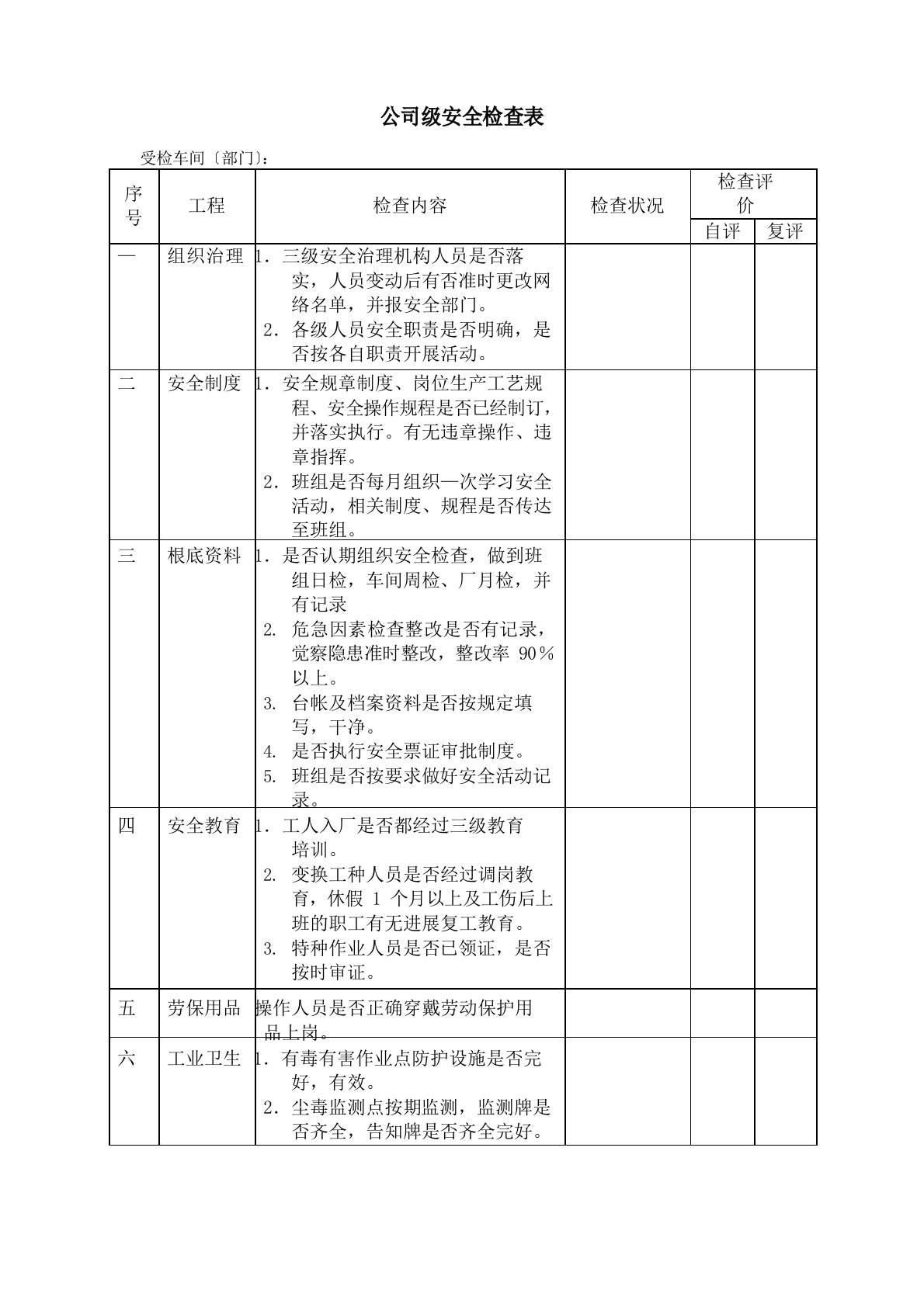 4101公司级安全检查表