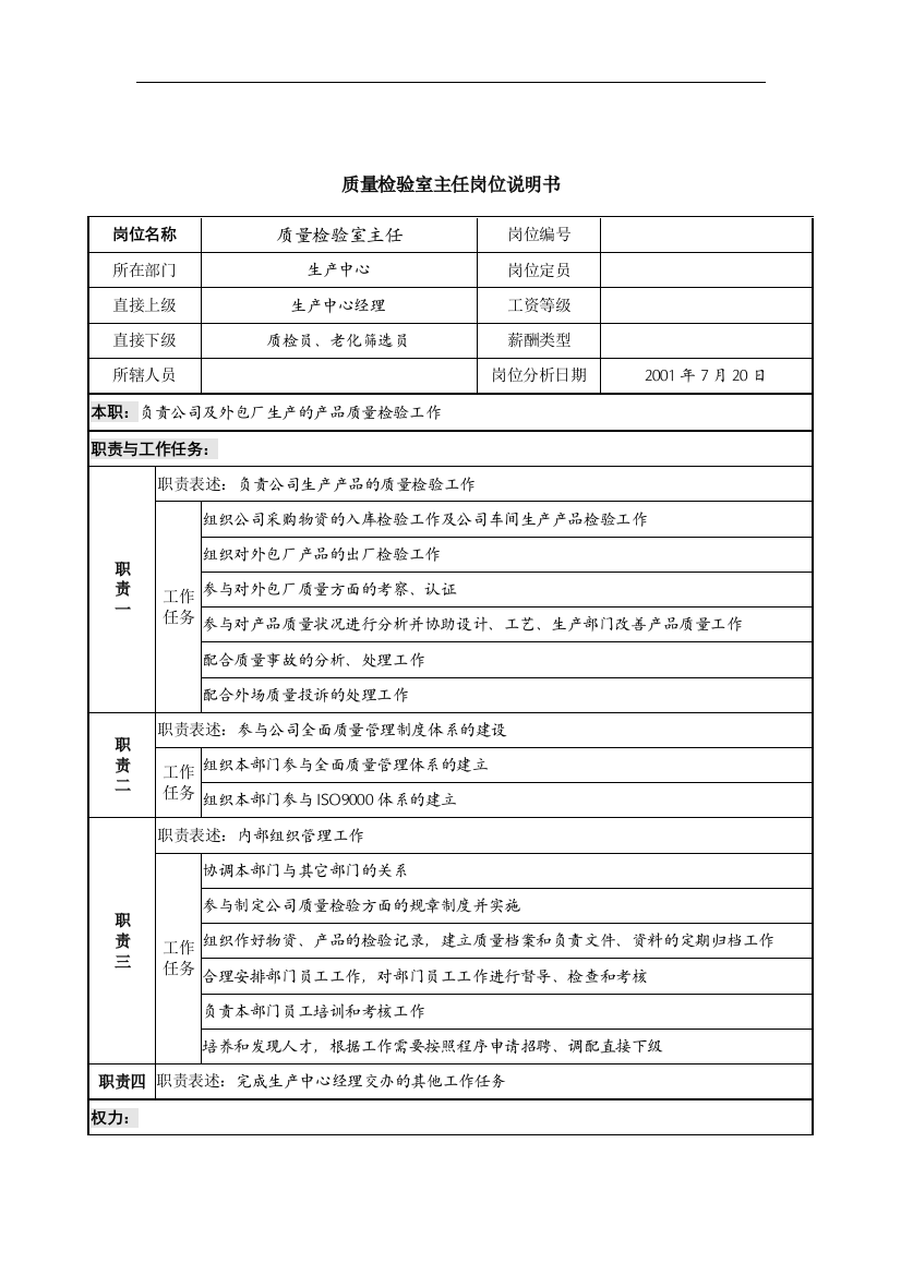 质量检验室主任岗位说明书