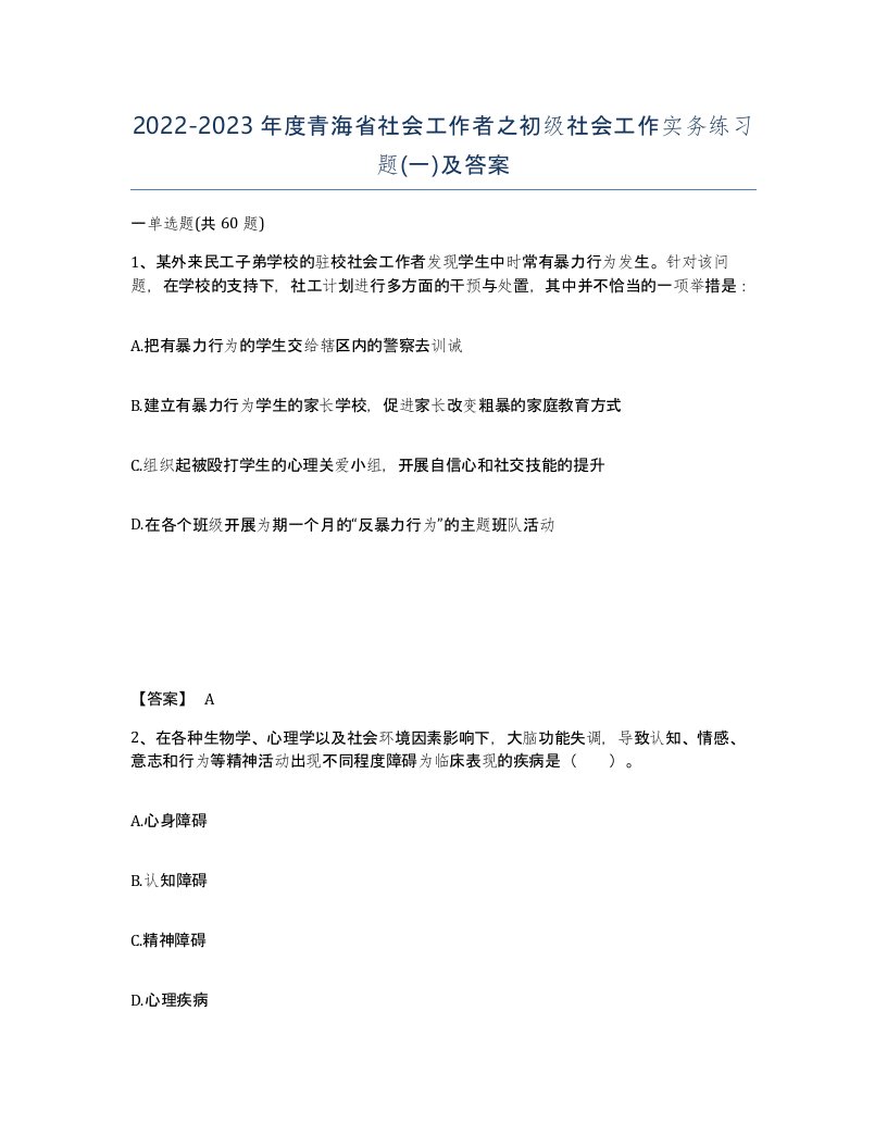 2022-2023年度青海省社会工作者之初级社会工作实务练习题一及答案