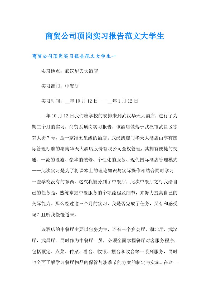 商贸公司顶岗实习报告范文大学生