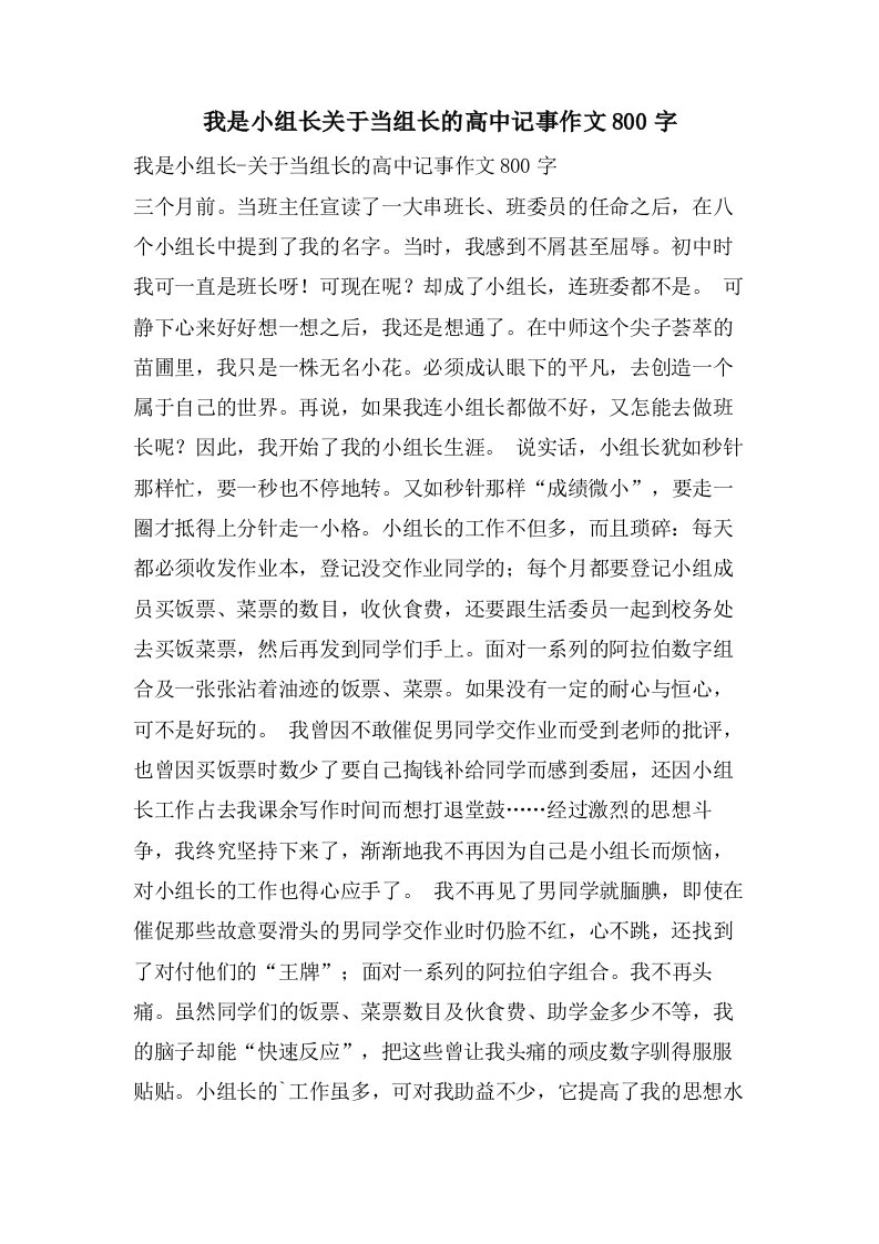 我是小组长关于当组长的高中记事作文800字