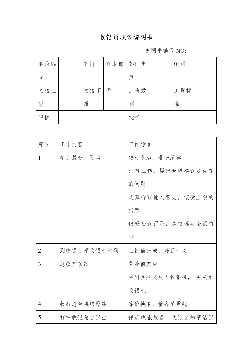 商场超市收银员职务说明书