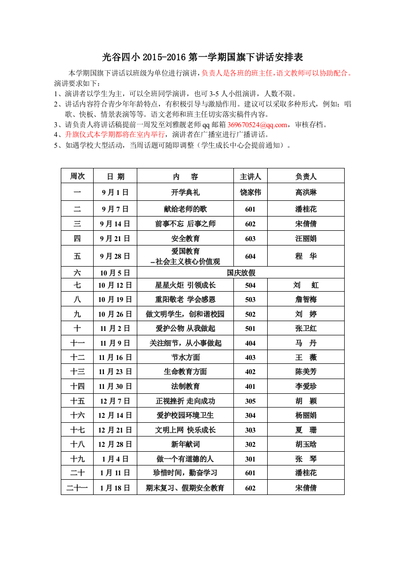 2015-2016第一学期国旗下讲话安排表