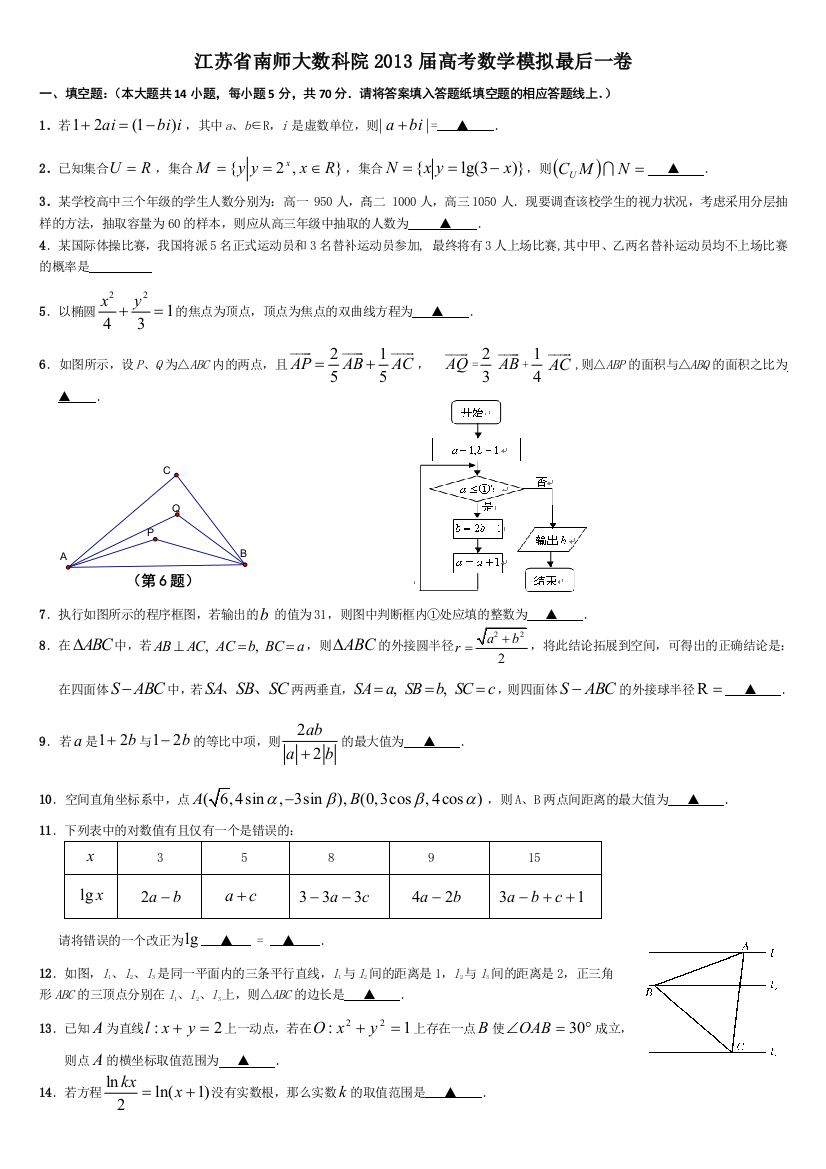 江苏省南师大数科院高考数学模拟最后一卷