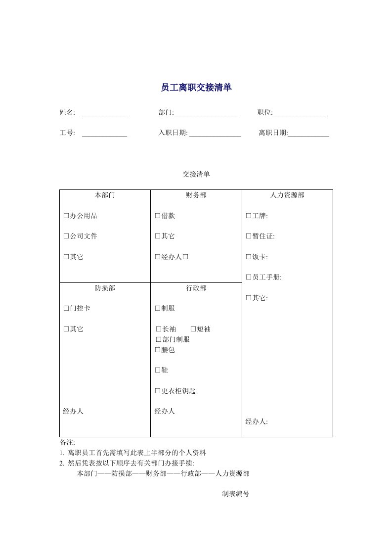 考勤管理-员工离职交接清单