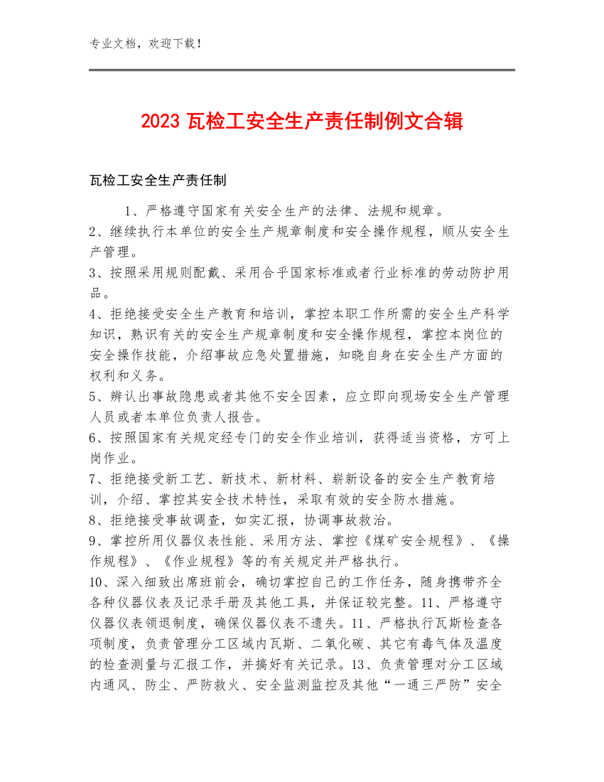 2023瓦检工安全生产责任制例文合辑