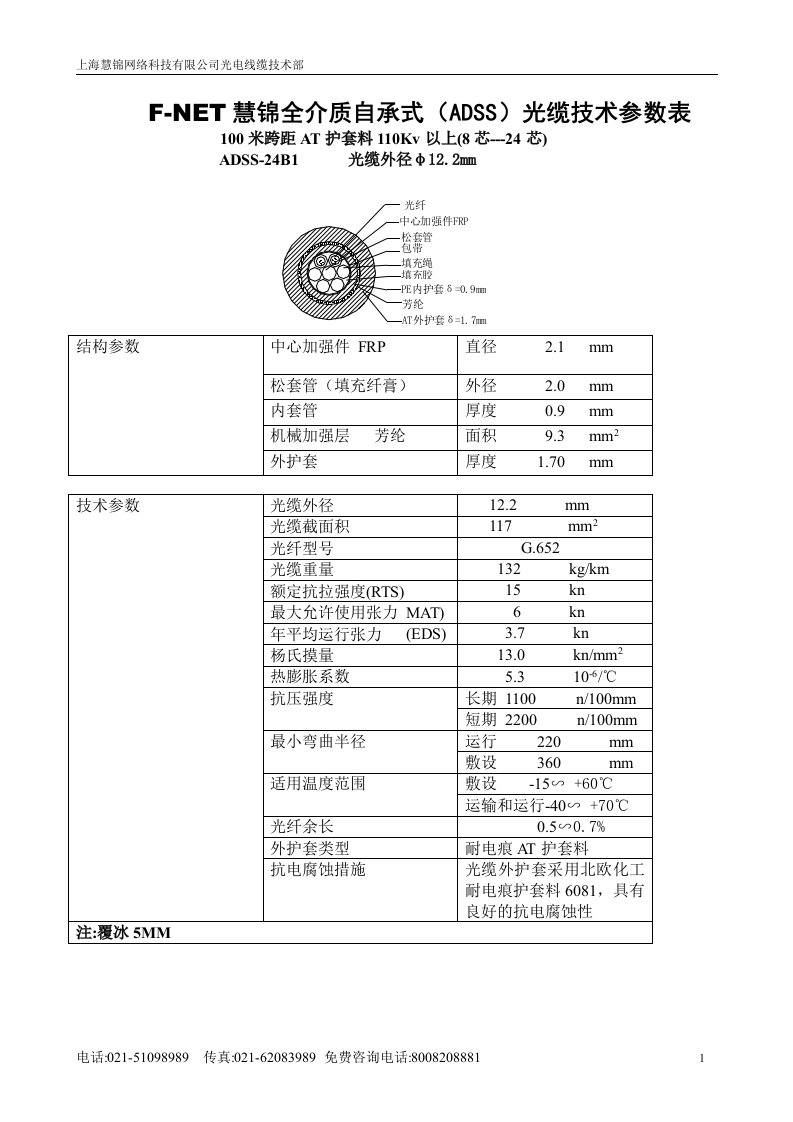 全介质自承式（ADSS）光缆技术参数表