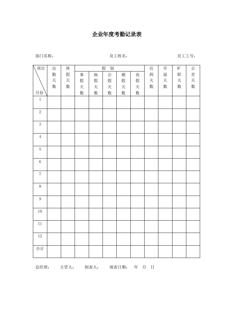 考勤管理-企业年度考勤记录表