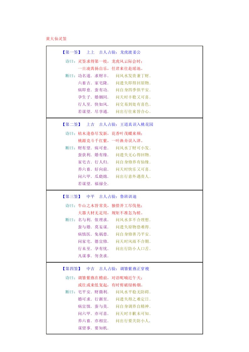 黄大仙灵签