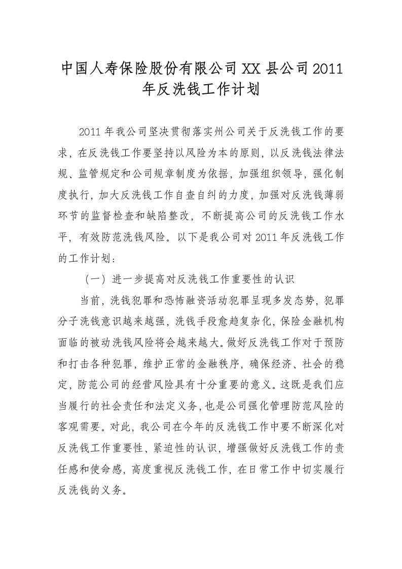 保险公司反洗钱工作计划