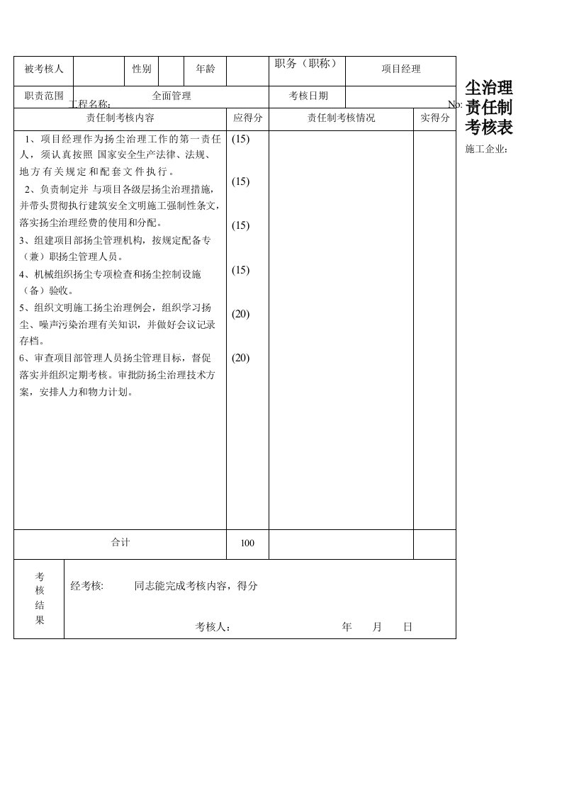 扬尘治理责任制考核表