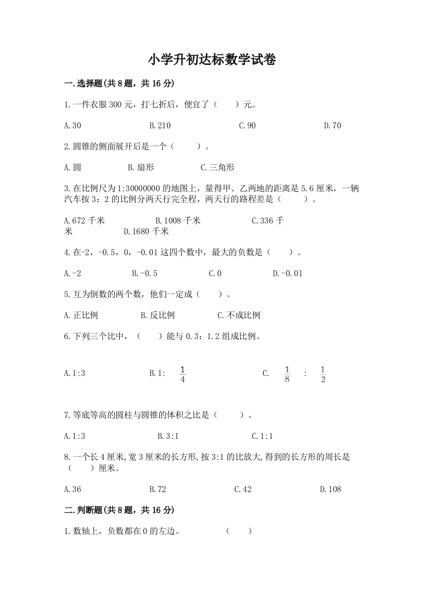 小学升初达标数学试卷精品（实用）