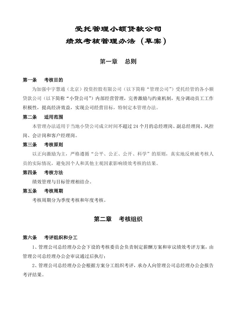 受托管理小贷公司绩效考核管理办法